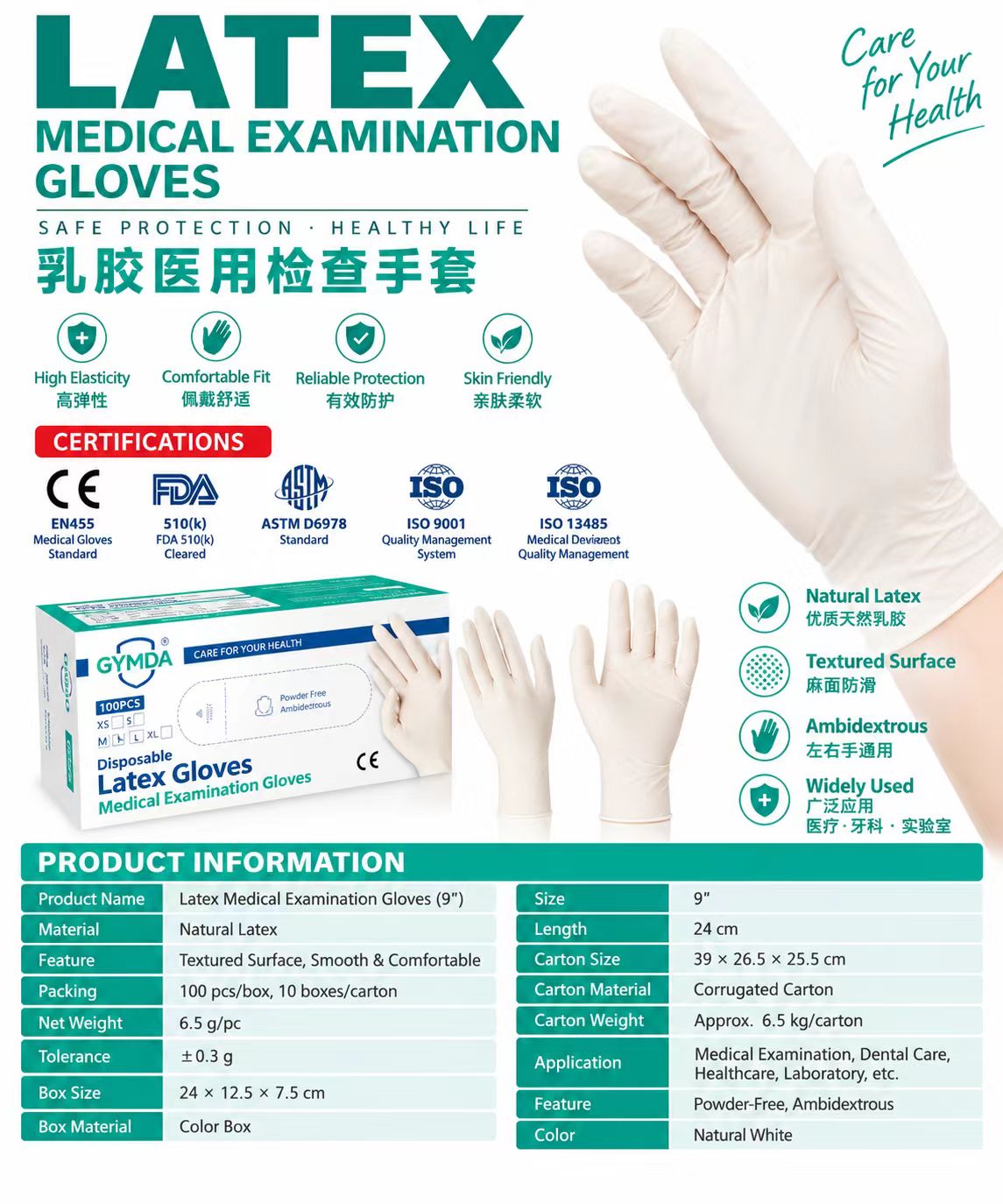 Latex examination glove product and packing reference supplied by Junda Gloves.