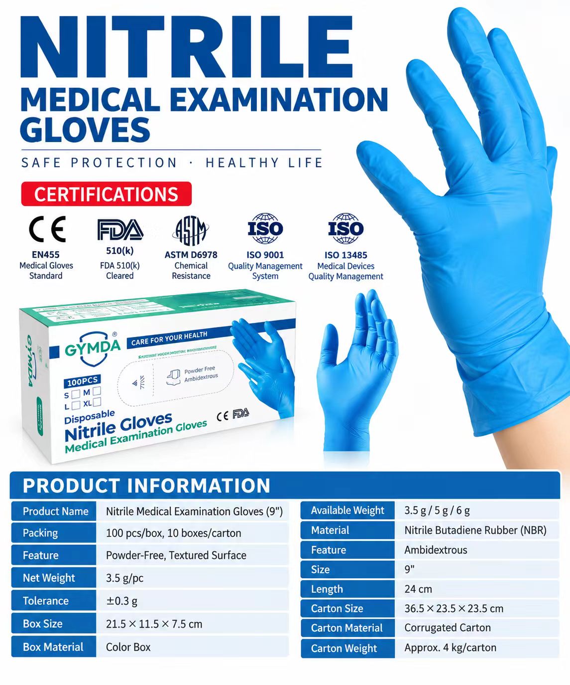 Nitrile examination glove product and packing reference supplied by Junda Gloves.