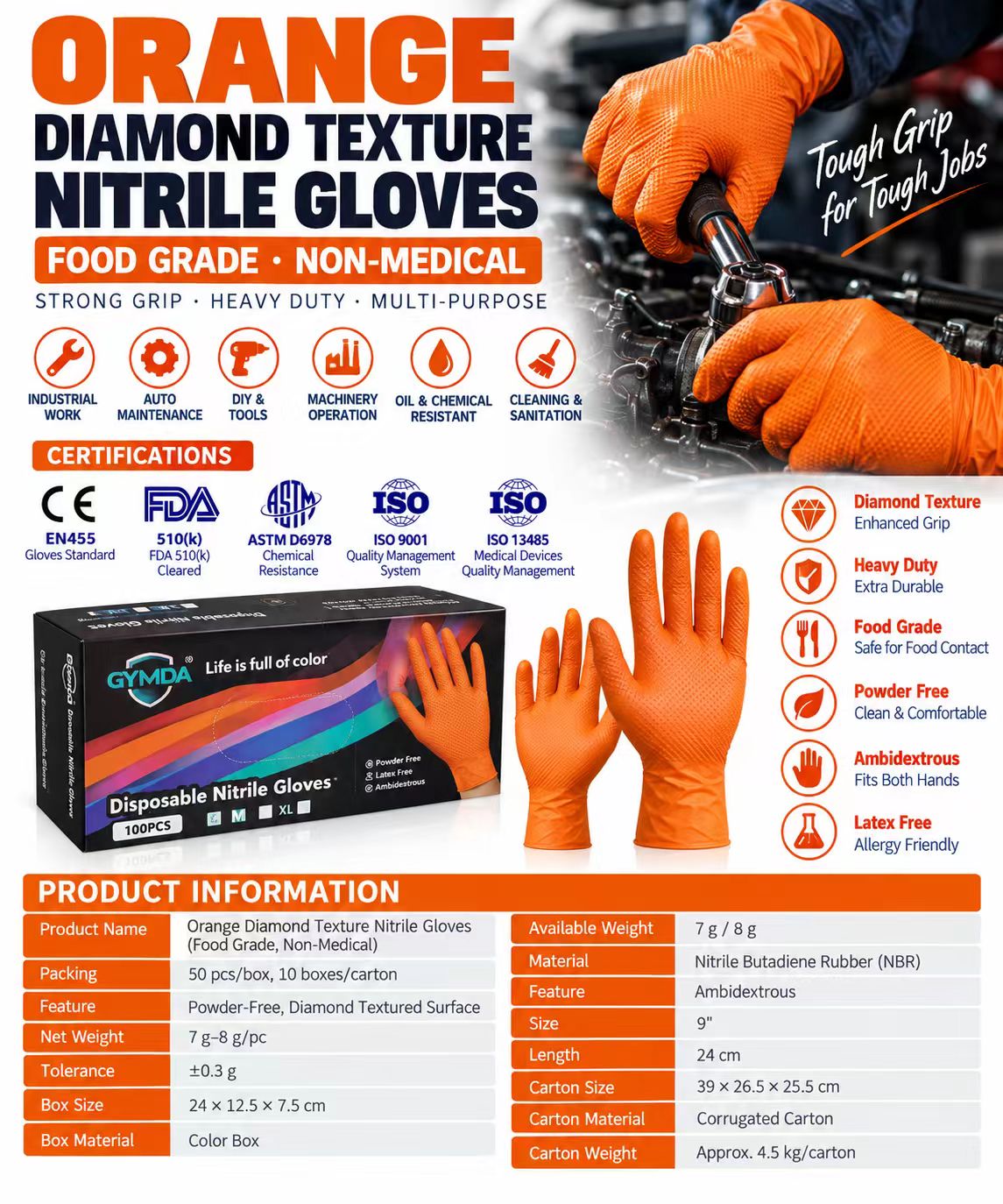 Orange diamond-texture nitrile glove industrial-use reference supplied by Junda Gloves.