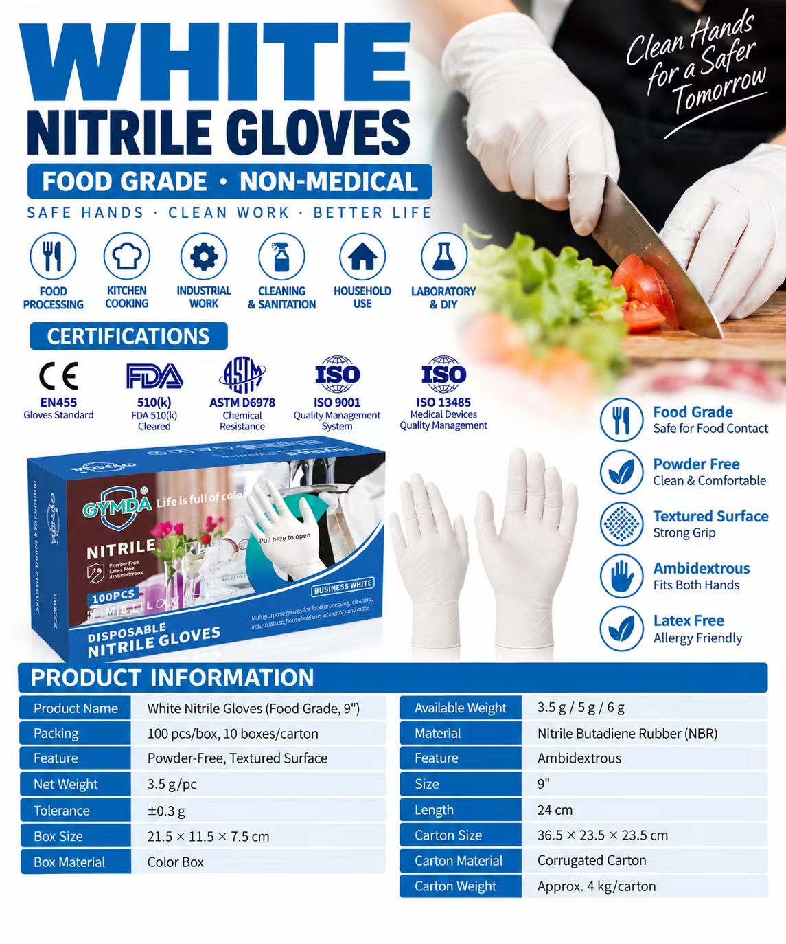 White nitrile glove food-handling product reference supplied by Junda Gloves.