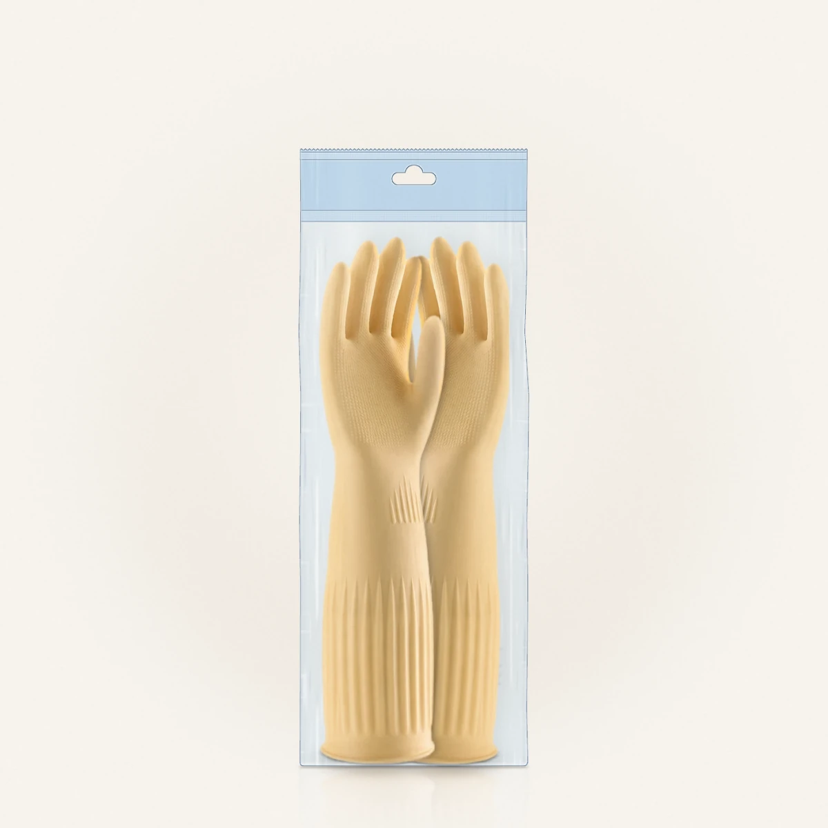38 cm latex protective gloves, one pair in a clear hang-hole bag