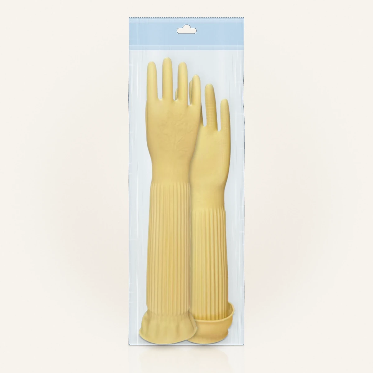 55 cm latex protective gloves, one pair in a clear hang-hole bag