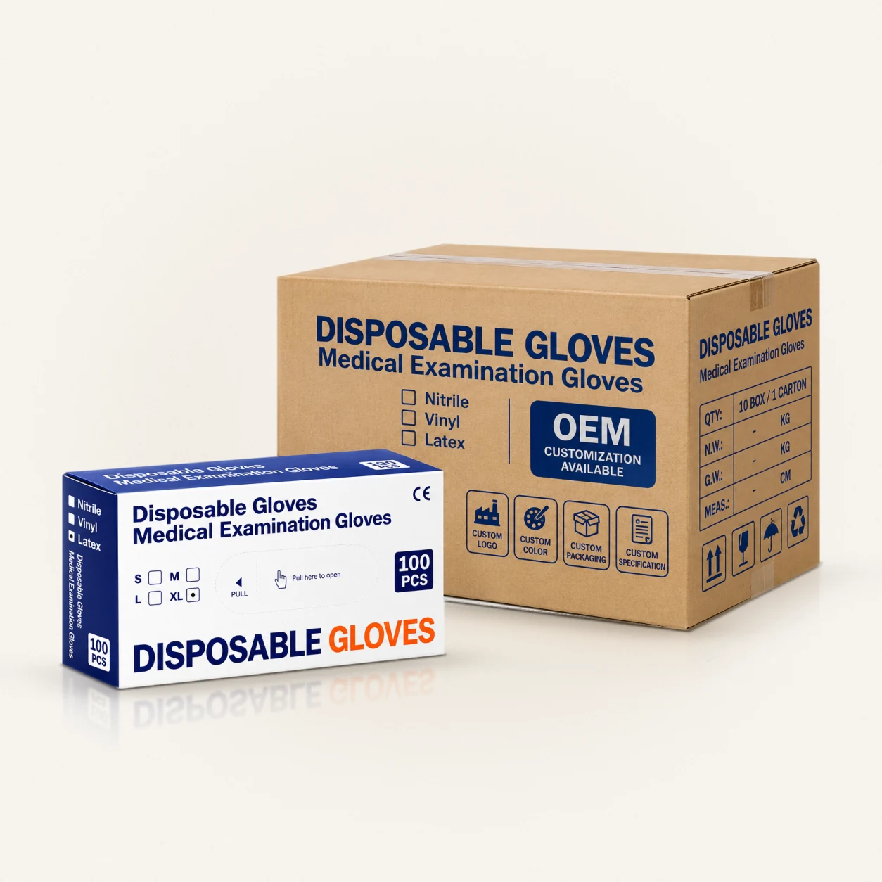 Disposable gloves OEM dispenser box and master carton with Nitrile, Vinyl and Latex tick boxes; custom logo, color, packaging and specification