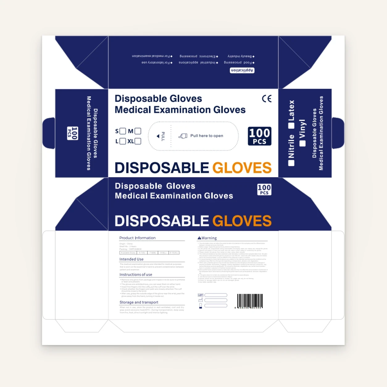 Standard disposable gloves OEM box dieline, 100 pcs/box